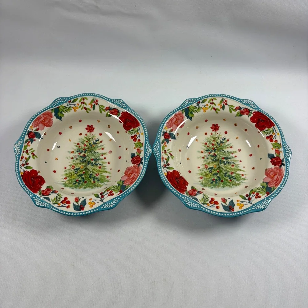 Pioneer Woman Wishful Winter Christmas Tree Low Rim Bowl Set of 2 Soup Pasta